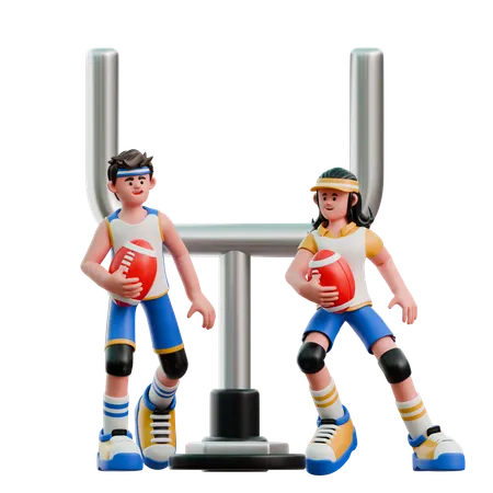 Young Couple Playing American Football  3D Illustration