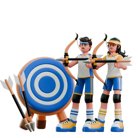 Young Couple Playing Archery  3D Illustration