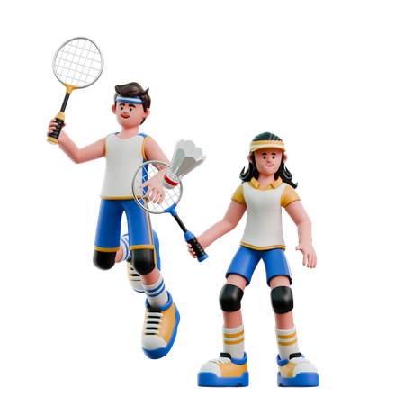 Young Couple Playing Badminton  3D Illustration