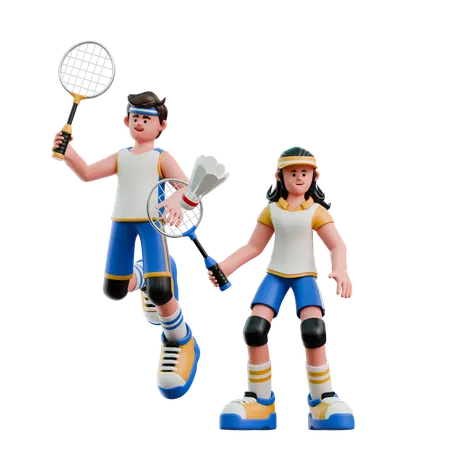 Young Couple Playing Badminton  3D Illustration