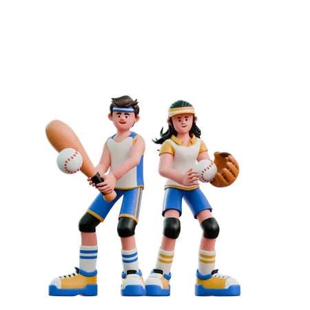 Young Couple Playing Baseball  3D Illustration