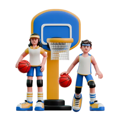 Young Couple Playing Basketball  3D Illustration