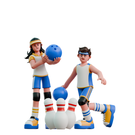 Young Couple Playing Bowling  3D Illustration