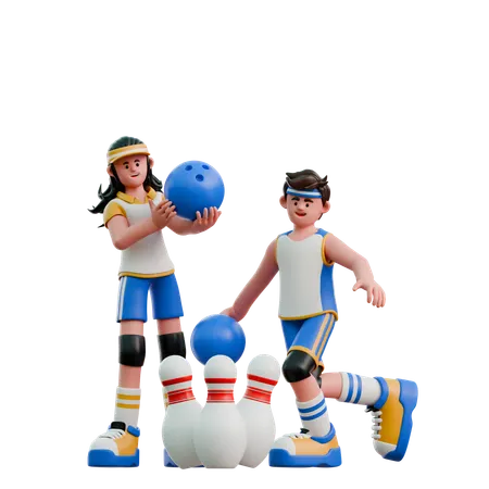 Young Couple Playing Bowling  3D Illustration