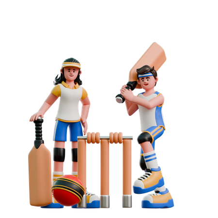 Young Couple Playing Cricket  3D Illustration