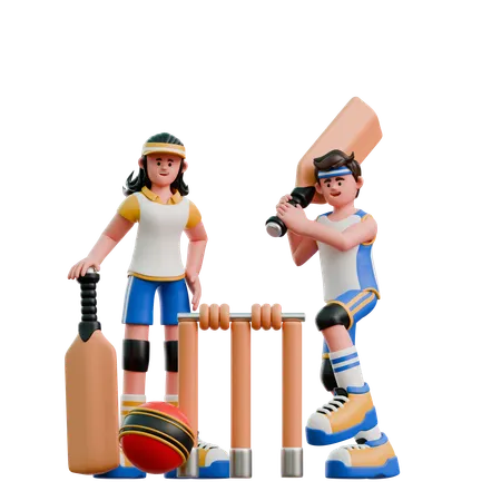 Young Couple Playing Cricket  3D Illustration