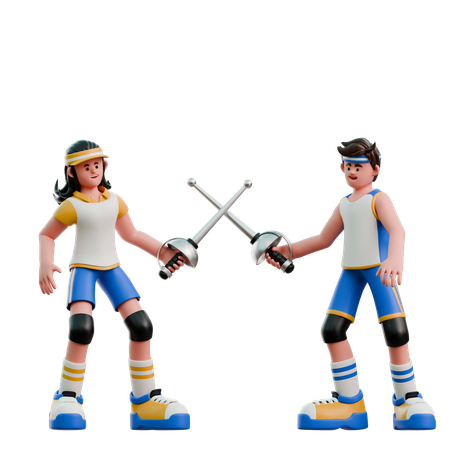 Young Couple Playing Fencing  3D Icon