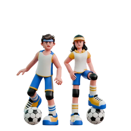 Young Couple Playing Football  3D Illustration
