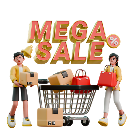 Young Couple Promoting Mega Sale  3D Illustration