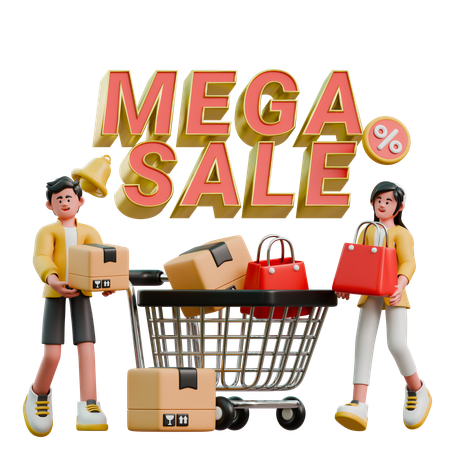 Young Couple Promoting Mega Sale  3D Illustration