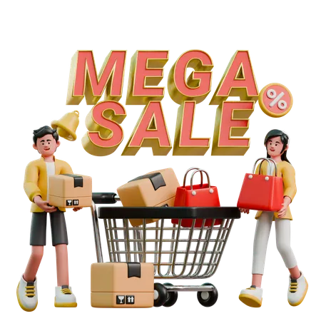 Young Couple Promoting Mega Sale  3D Illustration