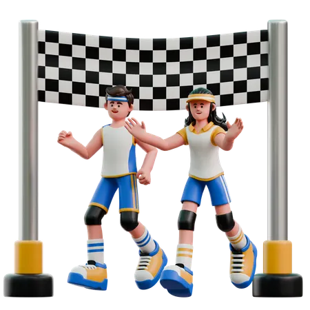 Young Couple Reaches Finish  3D Illustration