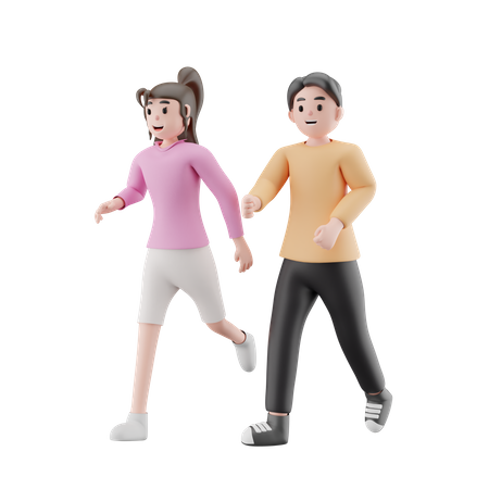 Young Couple Running Together  3D Illustration