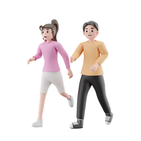 Young Couple Running Together  3D Illustration
