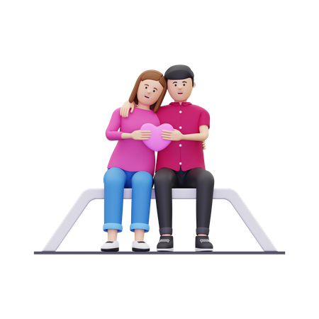 Young couple sitting on bench and holding heart together  3D Icon