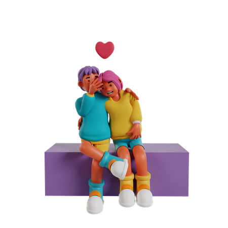 Young Couple Sitting On Bench And Holding Heart Together  3D Illustration