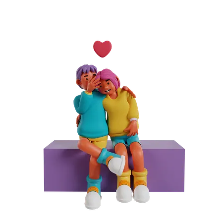 Young Couple Sitting On Bench And Holding Heart Together  3D Illustration