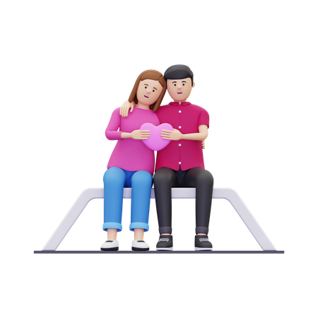 Young couple sitting on bench and holding heart together  3D Illustration