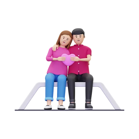 Young couple sitting on bench and holding heart together 3D Illustration