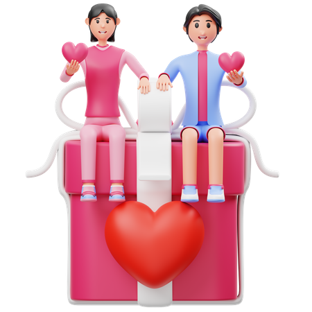 Young Couple Sitting On Gift  3D Icon
