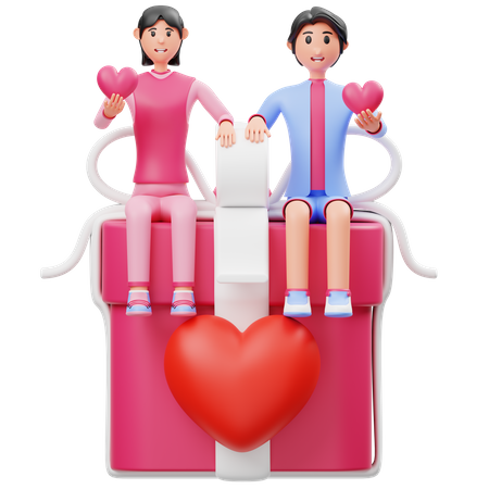 Young Couple Sitting On Gift  3D Illustration