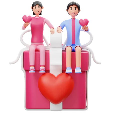 Young Couple Sitting On Gift  3D Illustration