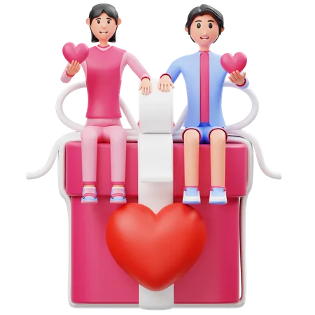 Young Couple Sitting On Gift 3D Illustration