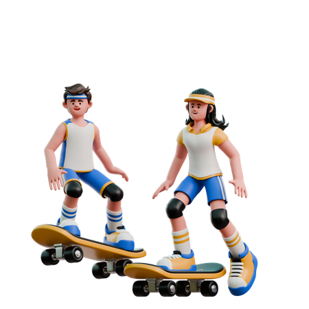 Young Couple Surfing Skateboard  3D Illustration