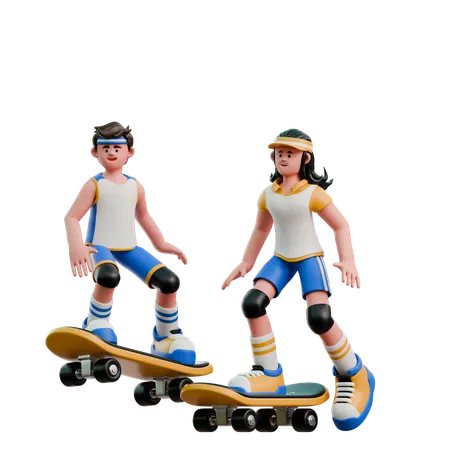 Young Couple Surfing Skateboard  3D Illustration