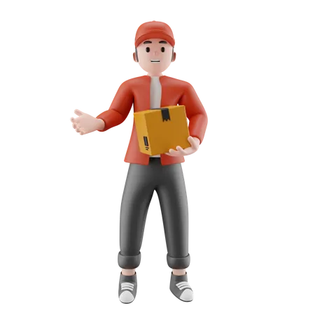 Young delivery boy with box and showing someting  3D Illustration