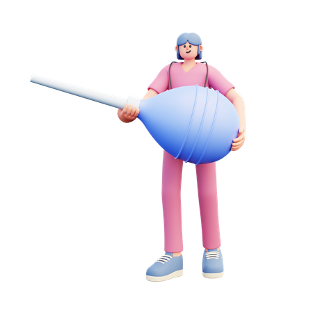 Young Doctor Holding Big Blue Enema Clyster  3D Illustration