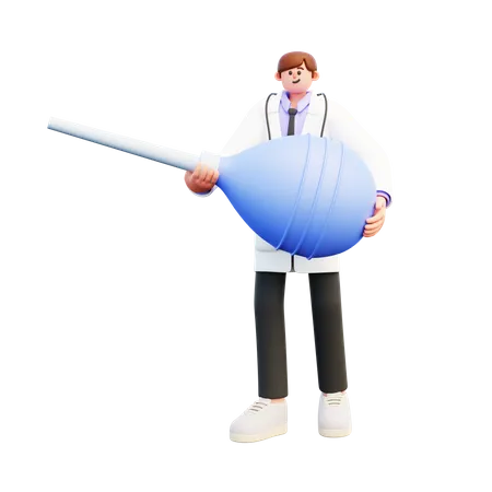 Young Doctor Holding Big Blue Enema Clyster  3D Illustration