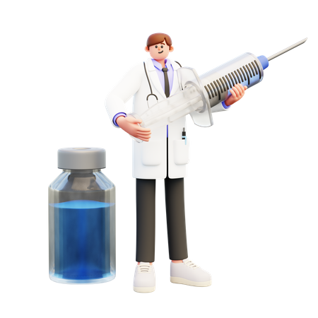 Young Doctor Holding Syringe And Standing Near Vaccine Bottle  3D Illustration