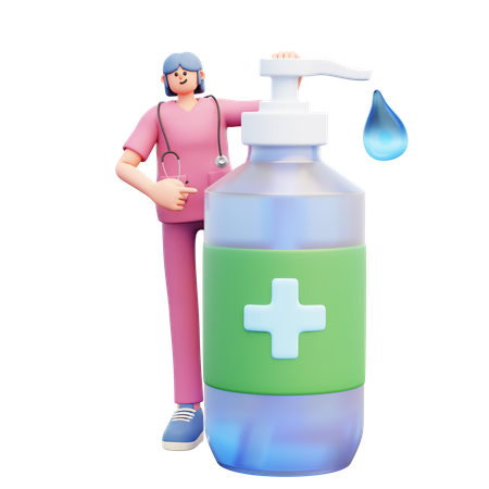 Young Doctor Standing Near Big Liquid Soap Dispenser  3D Illustration