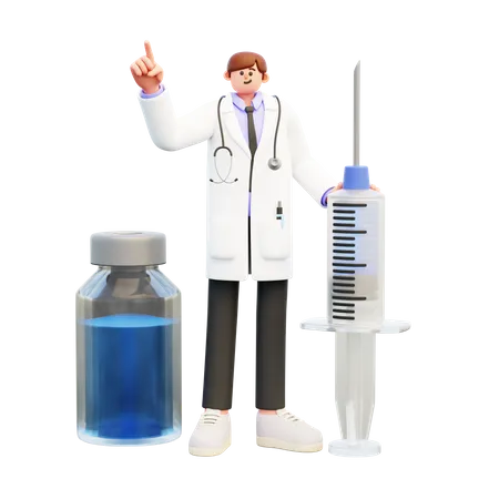 Young Doctor Standing With Syringe And Vaccine Bottle  3D Illustration