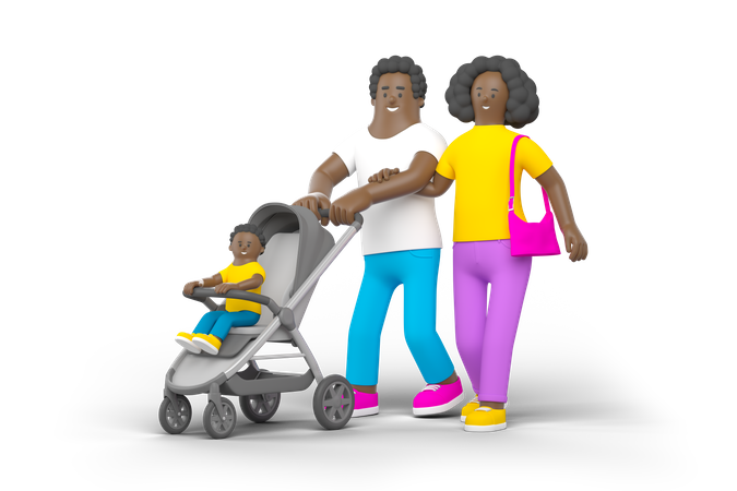 Young Family With Baby Stroller  3D Illustration