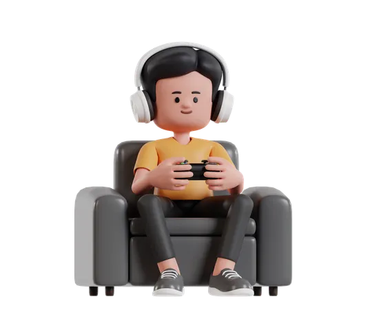 Young Gamer Enjoying Video Games On A Comfortable Sofa  3D Illustration