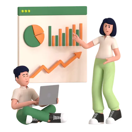 Young Girl And Man Doing Data Analytics  3D Illustration