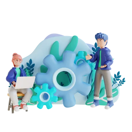 Young girl and man managing work together  3D Illustration