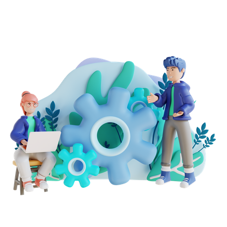 Young girl and man managing work together  3D Illustration