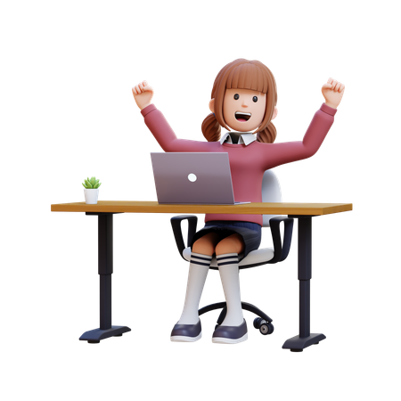 Young Girl Celebrating In Desk With Laptop  3D Illustration