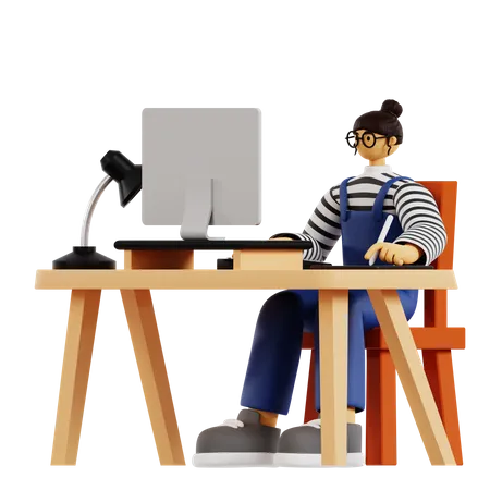 Young girl doing designer work at office 3D Illustration
