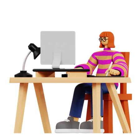 Young girl doing designer work at office 3D Illustration