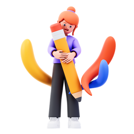 Young girl drawing something using pencil  3D Icon