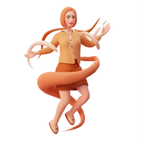 Young girl flying pose with abstract liquid  3D Illustration