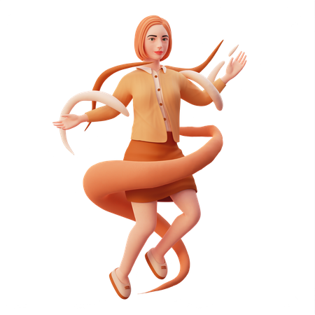 Young girl flying pose with abstract liquid  3D Illustration