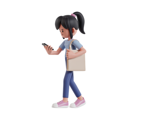 Young Girl Going Shopping With Handbag While Checking Shopping List On Mobile Phone  3D Illustration