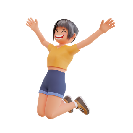 Young Girl Happy Jumping 3D Illustration