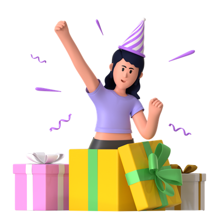 Young Girl Having Surprise Gift  3D Icon