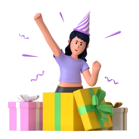 Young Girl Having Surprise Gift  3D Icon